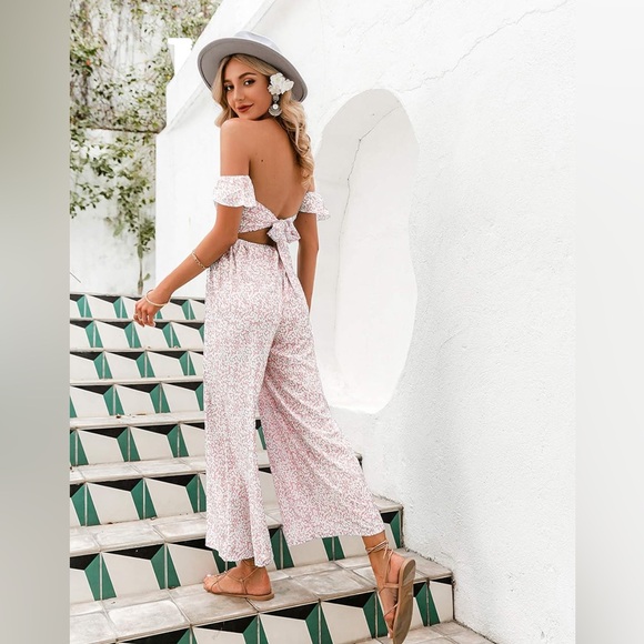 Off Shoulder Floral Print Romper Jumpsuit in Dusty Pink - Picture 2 of 9